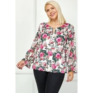 G538601M60X CRG Sara Michelle Long Sleeve Velora Print Blouse Plus Sizes